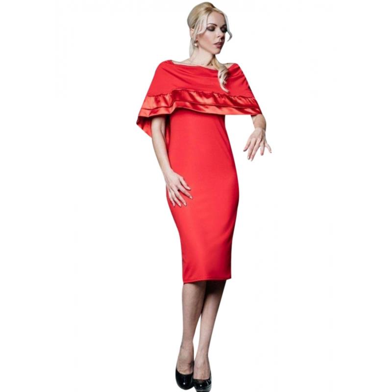 Midi φόρεμα βολάν με σατέν λεπτομέρειες - Κόκκινο