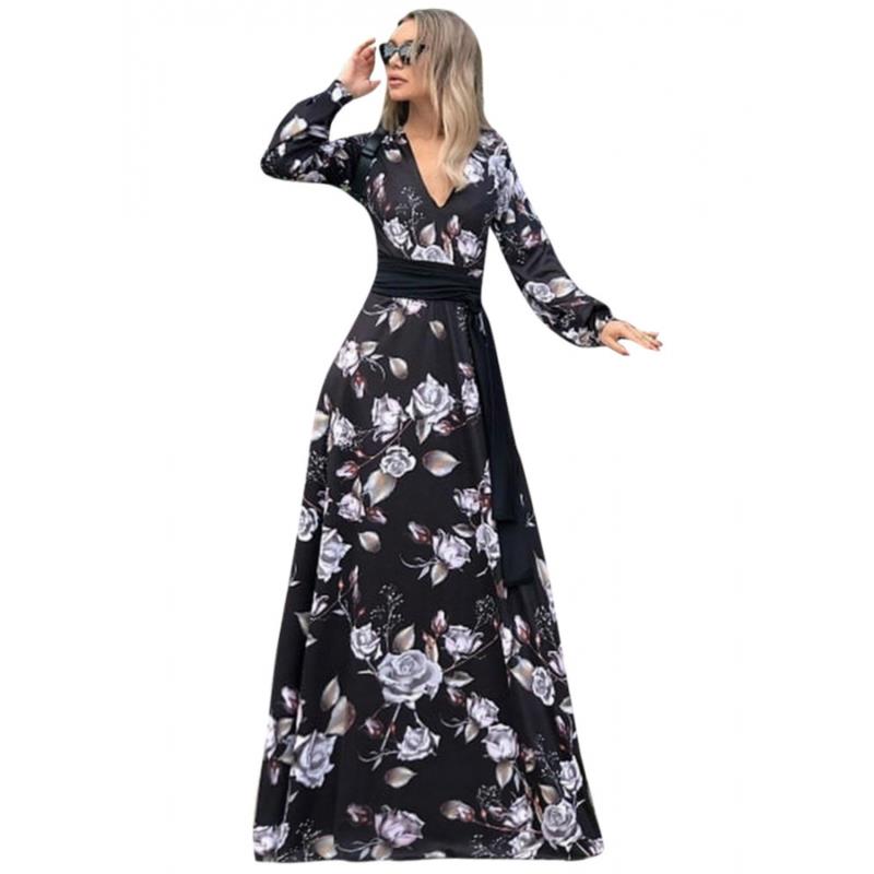 αέρινο maxi φόρεμα με ζώνη - Μαύρο floral