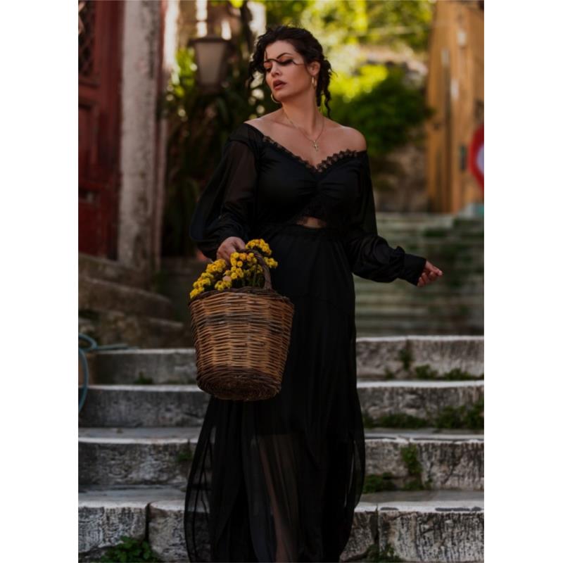Maxi φόρεμα με δαντέλα στο μπούστο by Maria Korinthiou Collection - Μαύρο