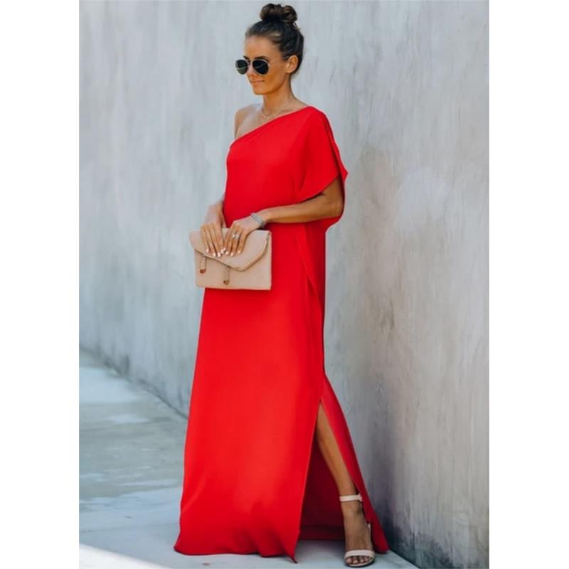 Maxi φόρεμα με έναν ώμο - Κόκκινο