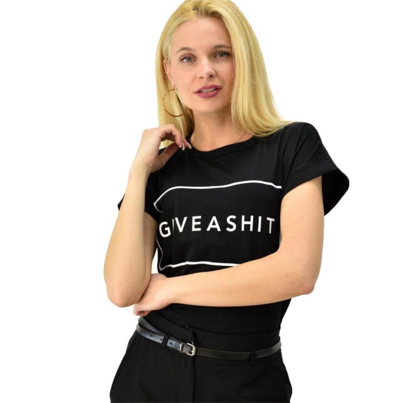 Γυναικείο T-shirt με τύπωμα give a shit Μαύρο 5220