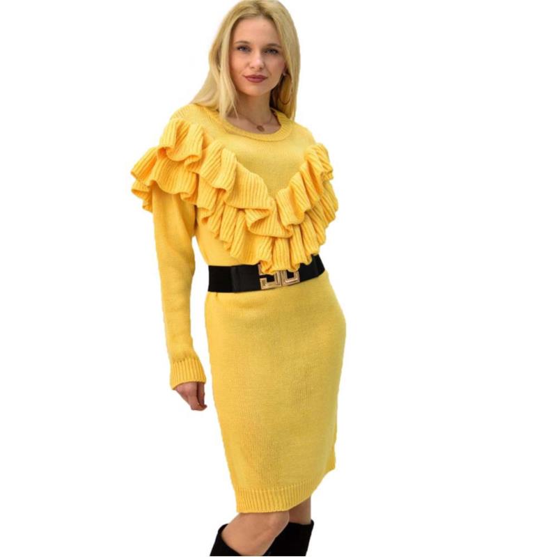 Γυναικείο πλεκτό κοντό φόρεμα με βολάν Κίτρινο 5338