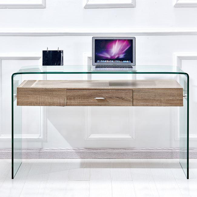 Γραφείο-κονσόλα γυάλινο/ξύλινο σε χρώμα διάφανο/σονόμα 120x40x76