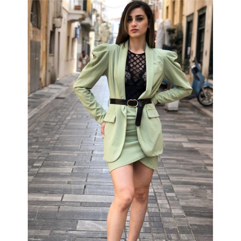Γυναικείο πράσινο υφασμάτινο σετ σακάκι φούστα 410712G
