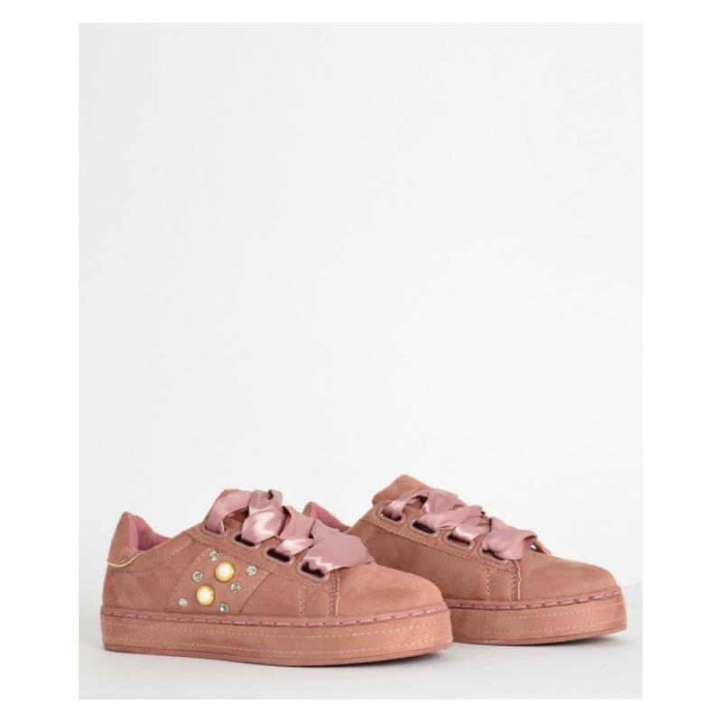 Γυναικεία Sneakers Suede με σατέν κορδόνια ροζ AD781R