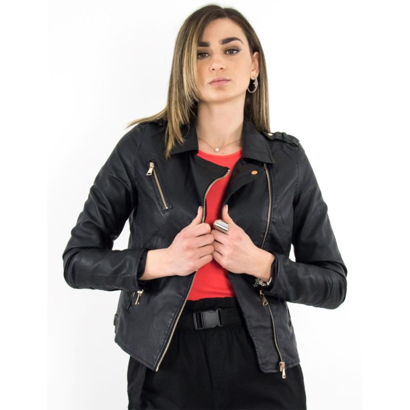 Γυναικείο μαύρο Jacket κοντό δερματίνη λοξό φερμουάρ AY595