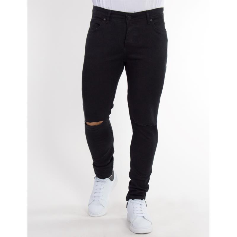 Ανδρικό μαύρο τζιν παντελόνι με σκίσιμο στα γόνατα DR400181