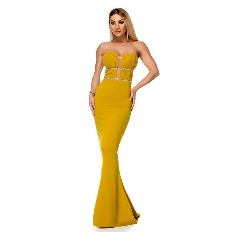 Μάξι στράπλες φόρεμα με στρας - Μουσταρδί 9275-Κίτρινο