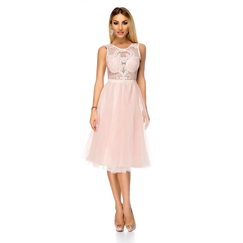 Mίντι πριγκιπικό φόρεμα με δαντέλα - Ροζ Απαλό 9324-Ροζ