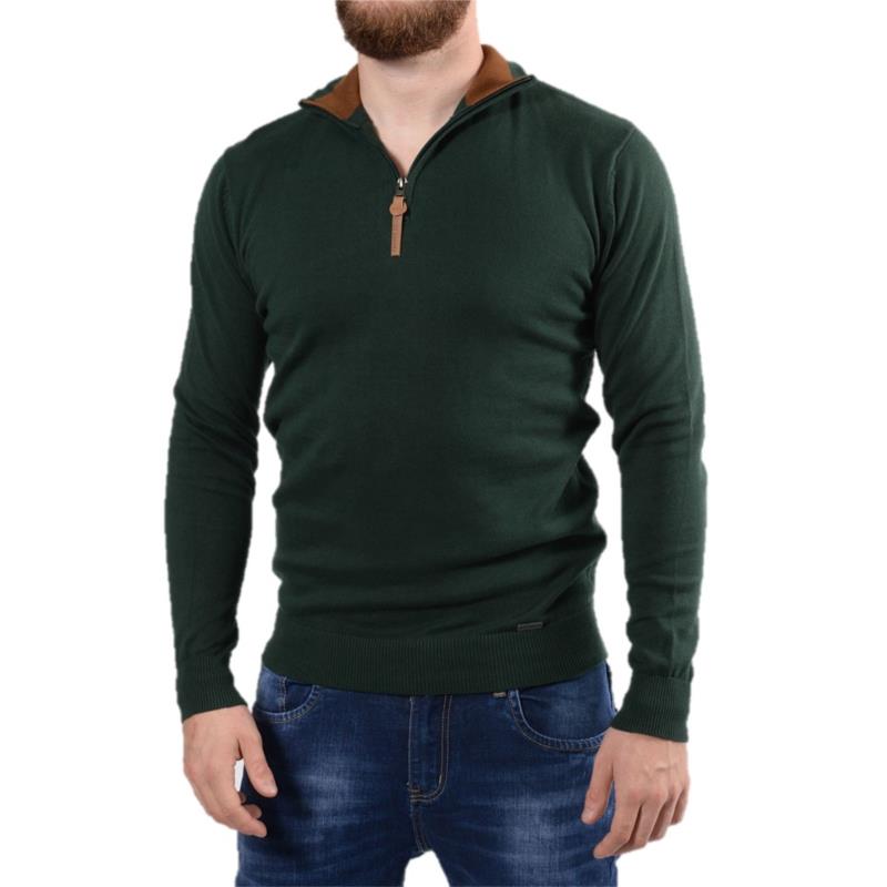 Ανδρική πλεκτή μπλούζα με μακριά μανίκια, ψηλό γιακά και φερμουάρ με δερμάτινη λεπτομέρεια Κυπαρισσί - Κυπαρισσί