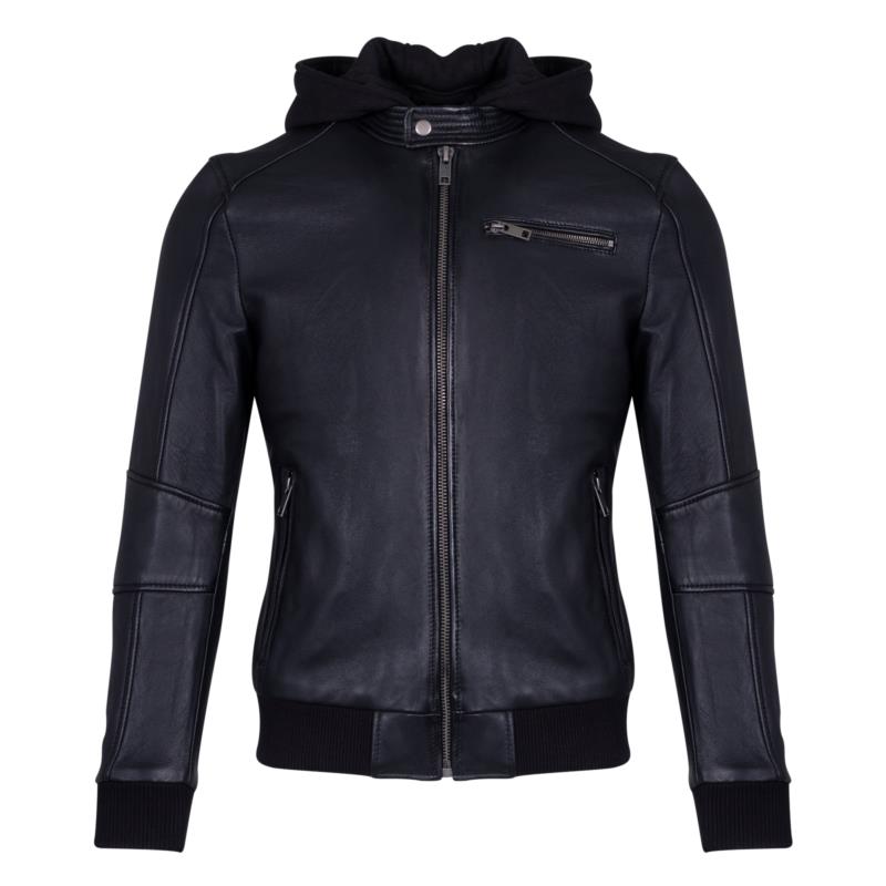 Prince Oliver Bomber Μαύρο 100% Leather Jacket με Κουκούλα (Modern Fit)