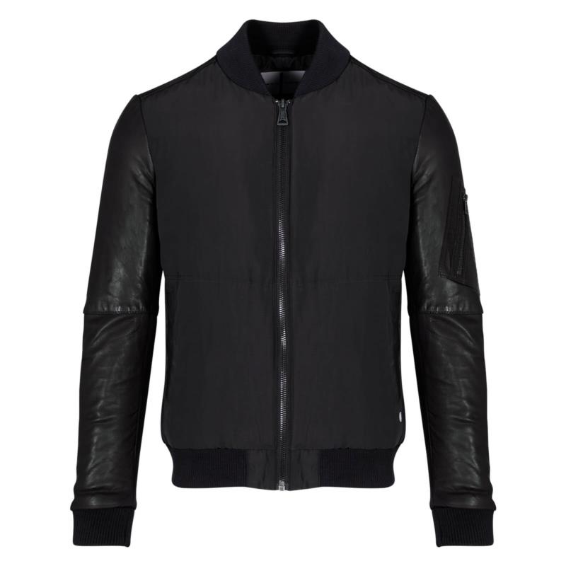 Fashion Bomber Μαύρο τζάκετ με sheep leather & nylon body (Modern Fit)
