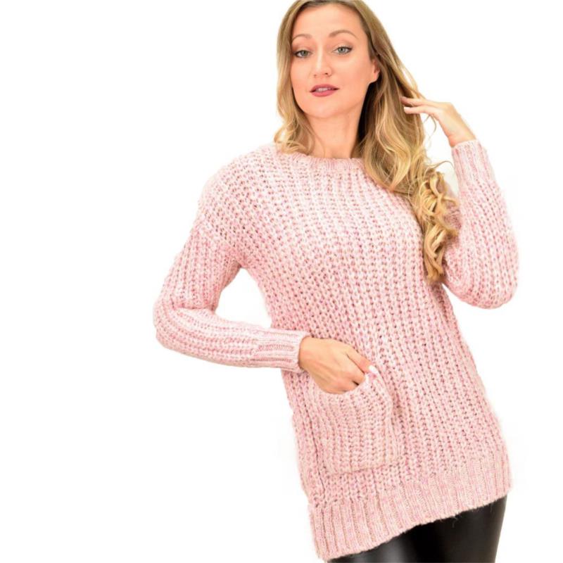 Γυναικέια μπλούζα με πολύχρωμη πλέξη και τσέπη Ροζ 9165