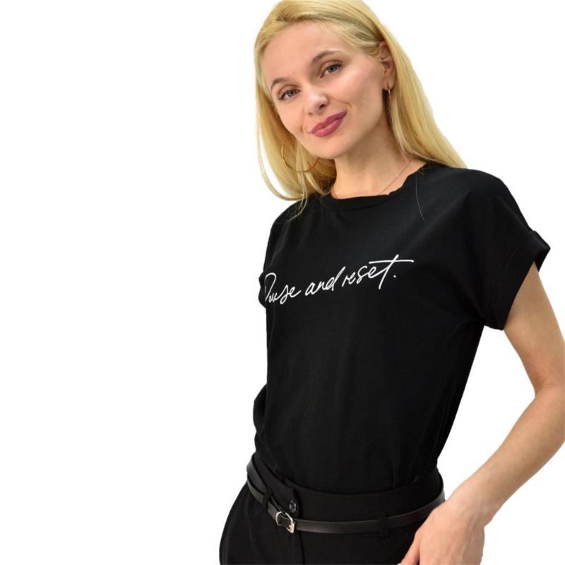 Γυναικείο T-shirt με τύπωμα pause and reset Μαύρο 5779