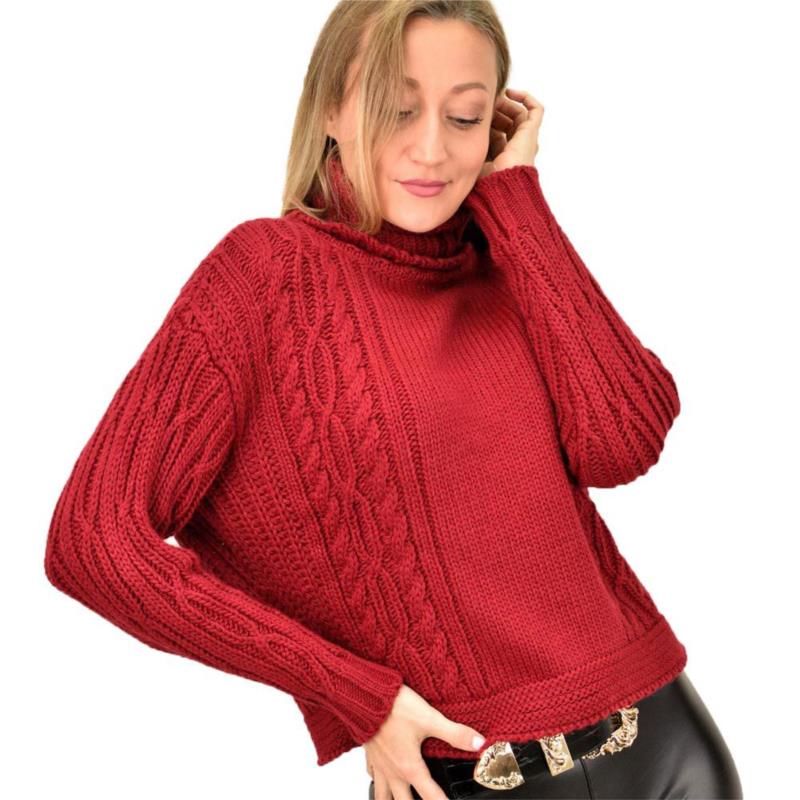 Γυναικείο πουλόβερ ζιβάγκο με σχέδιο πλεξούδες Μπορντώ 9365