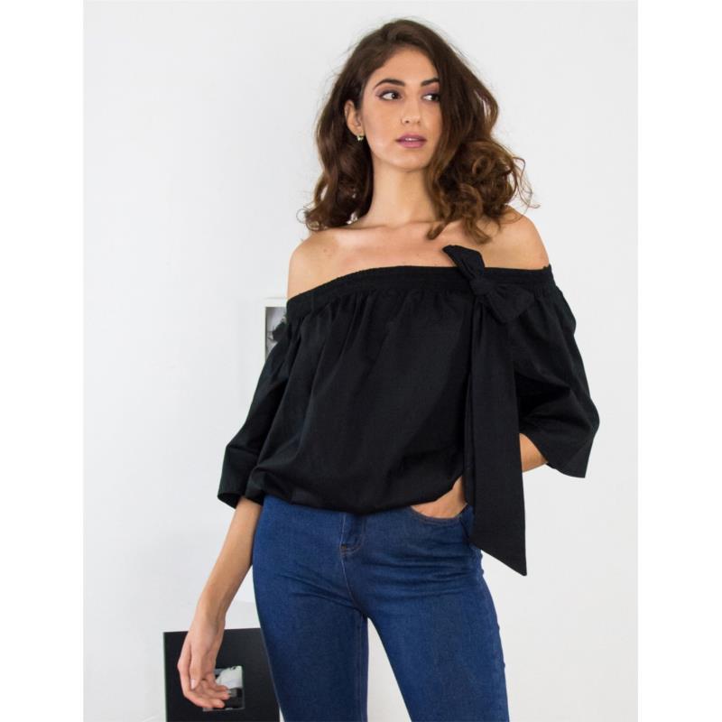 Γυναικεία μαύρη έξωμη μπλούζα με κορδέλα Benissimo 31306