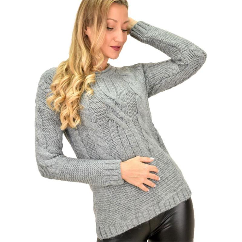 Γυναικείο πλεκτό πουλόβερ με σχέδιο πλεξούδες Γκρι 9155