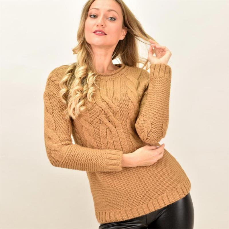 Γυναικείο πλεκτό πουλόβερ με σχέδιο πλεξούδες Καφέ 13176