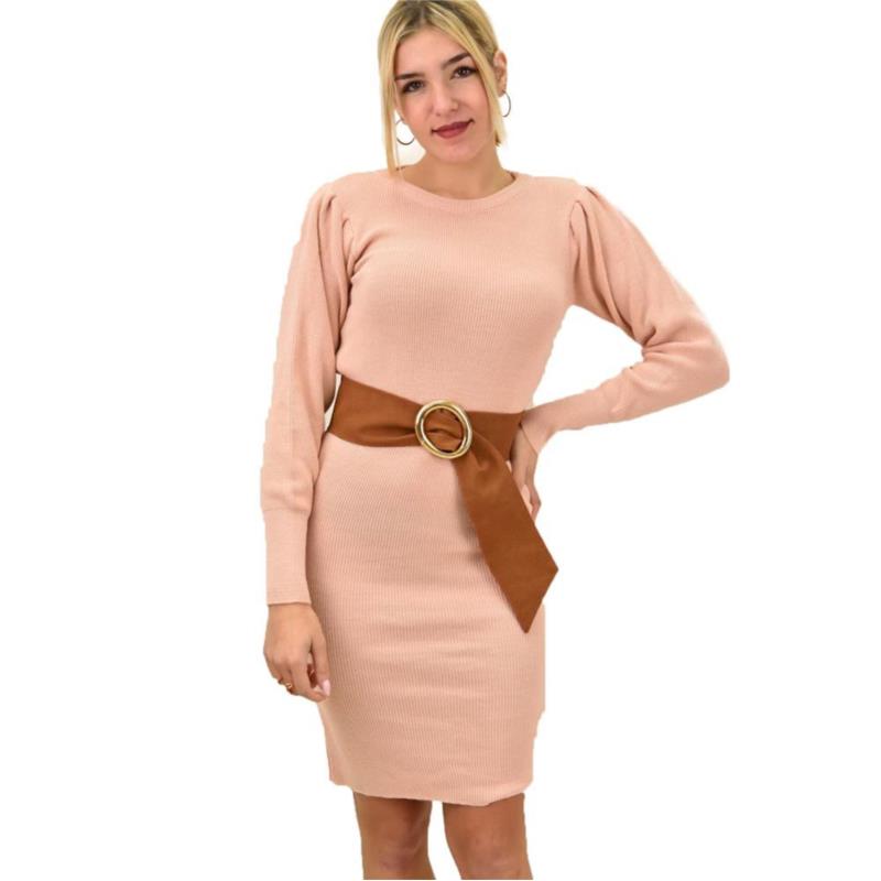 Κοντό πλεκτό φόρεμα με σούρα στα μανίκια Απαλό Ροζ 9208