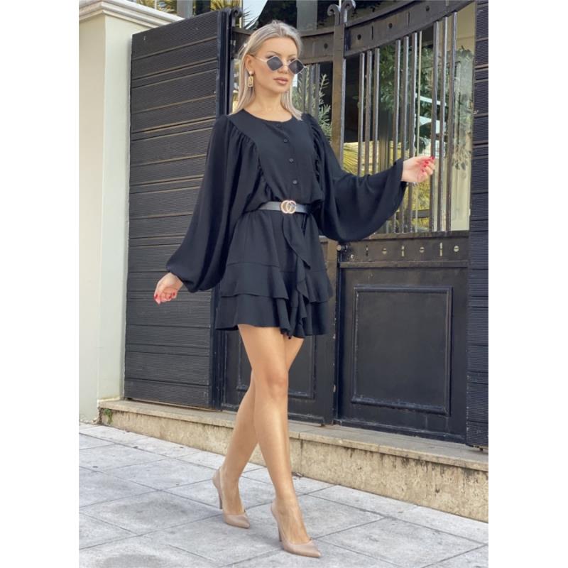 Mini φόρεμα με βολάν & ζώνη - Μαύρο