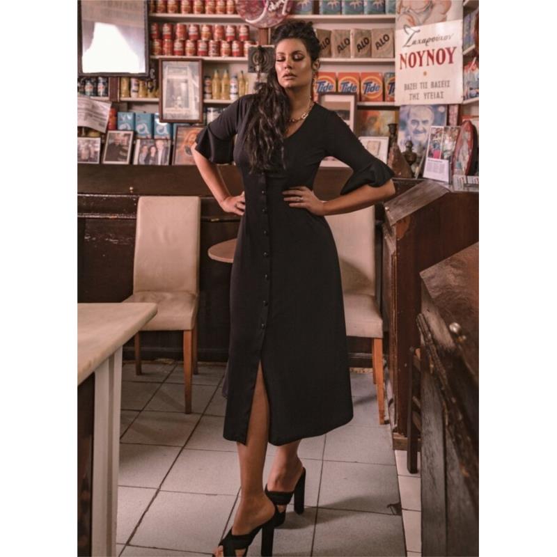 Maxi φόρεμα με με κουμπιά και βολάν μανικάκι by Maria Korinthiou Collection - Μαύρο