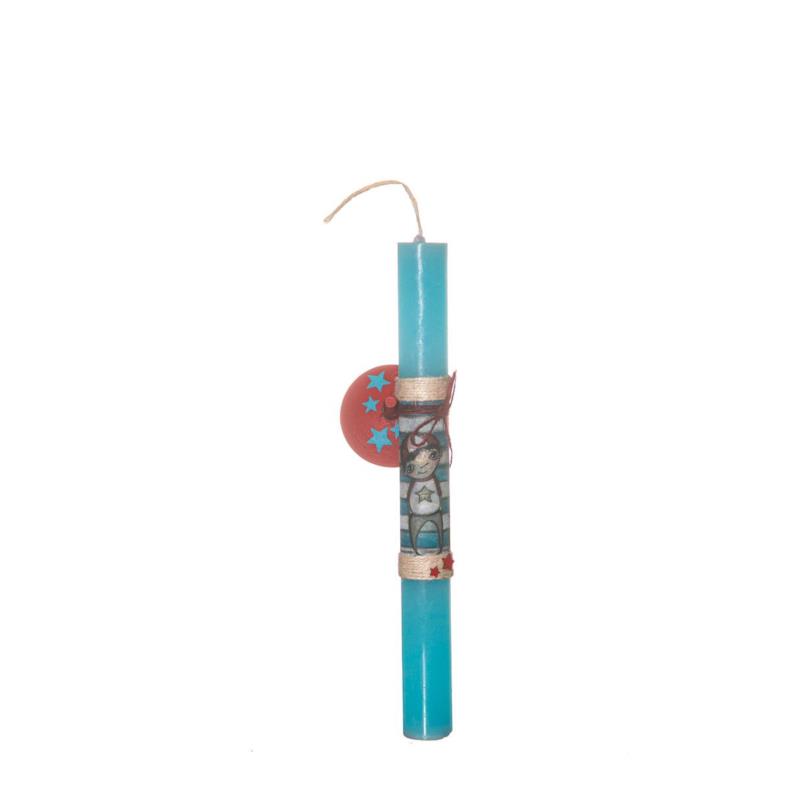 Λαμπάδα χειροποίητη αρωματική γαλάζια σβούρα κόκκινη 25cm