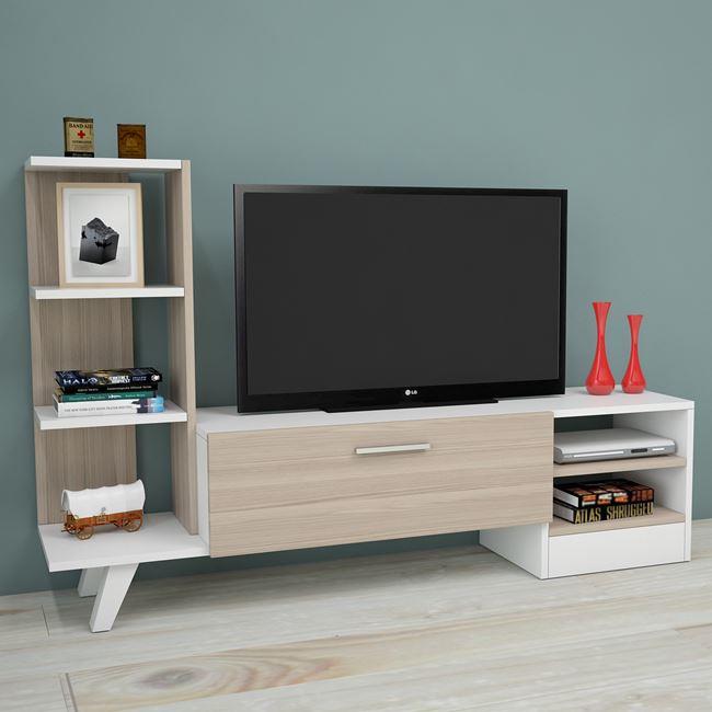 Έπιπλο τηλεόρασης "ADISON" από μασιφ ξύλο ακακίας σε χρώμα λευκό/μόκα 151,8x35x96,2