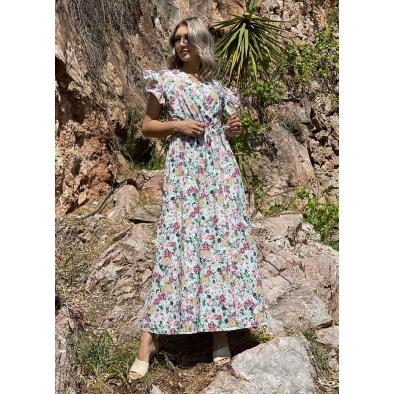 Maxi floral φόρεμα κρουαζέ με ζωνάκι - Φυστικί