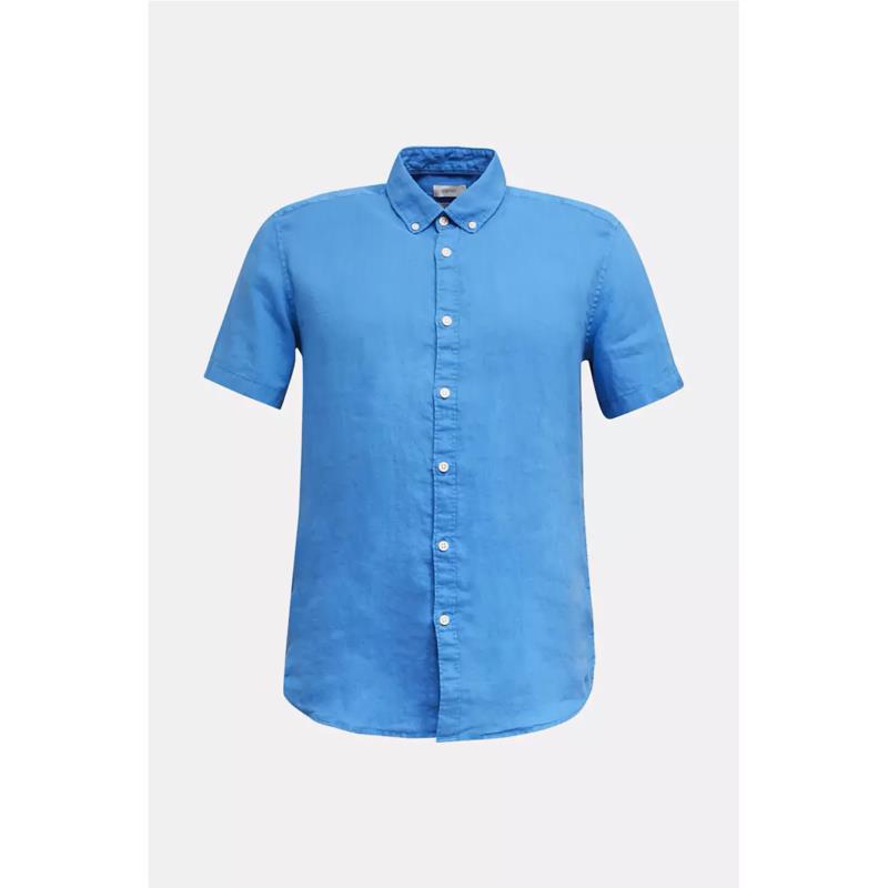 Esprit ανδρικό λινό πουκάμισο μονόχρωμο με κοντό μανίκι - 050EE2F304 - Μπλε