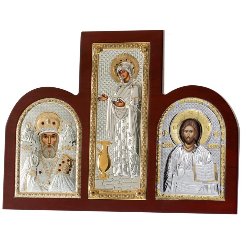 Ασημένια Εικόνα Τρίπτυχο Παναγία, Χριστός και Άγιος Νικόλαος MA-E1352X