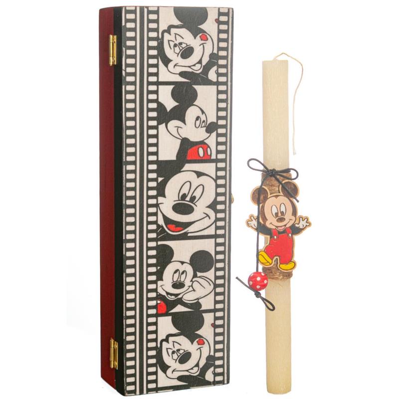 Λαμπάδα χειροποίητη αρωματική λευκή Mickey με ξύλινο Mickey σε ξύλινο κουτί 34.5x10.5x6.5cm