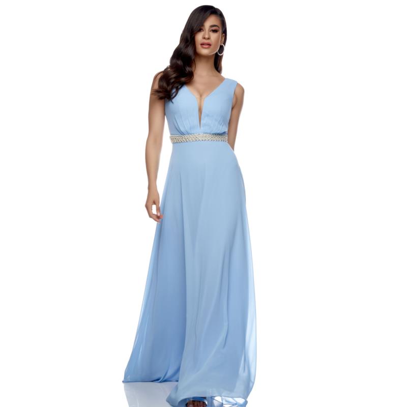 Μάξι Φόρεμα Ανοιχτή Πλάτη Πέρλες Ζώνη Γαλάζιο