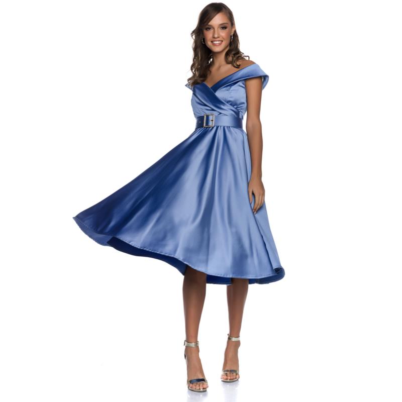 Midi Σατέν Φόρεμα Bardot Με Ζώνη Γαλάζιο