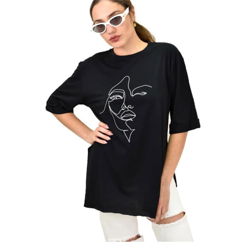 Γυναικείο T-shirt με τύπωμα πρόσωπο Μαύρο 15280