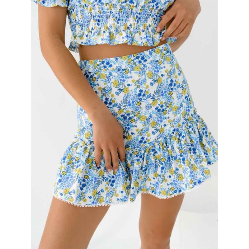 Glamorous Φούστα Mini Με Βολάν Floral Μπλε - Alicante