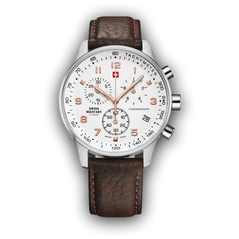 SWISS MILITARY by CHRONO Mens Chronograph - SM34012.11 Silver case with Brown Leather Strap