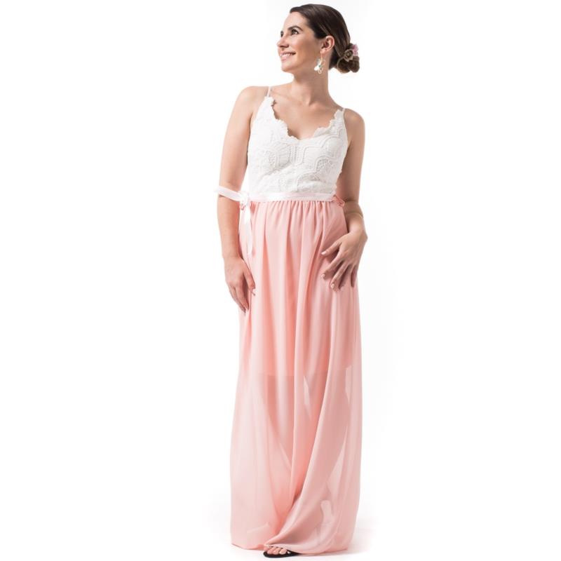 Maxi Φόρεμα με Δαντέλα Άσπρο Ροζ