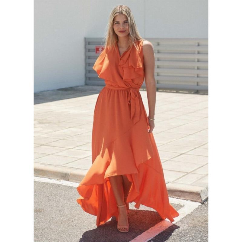 Maxi αέρινο φόρεμα με βολάν ασύμμετρο - Πορτοκαλί
