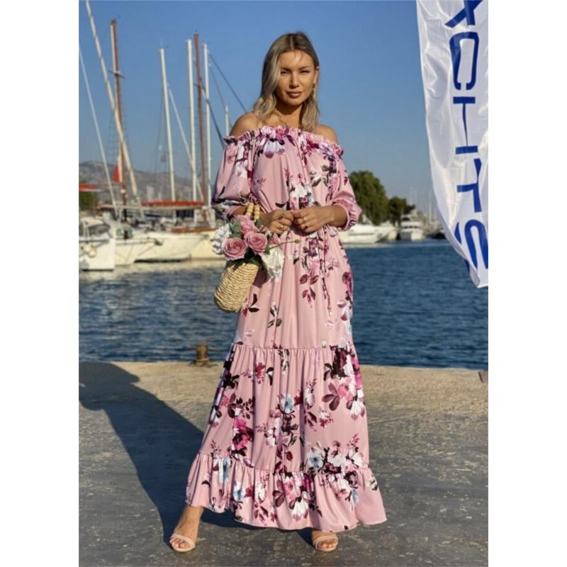 Maxi έξωμο φόρεμα με βολάν - Ροζ floral