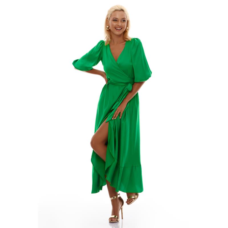 Μακρύ Σατέν Φόρεμα Με Βολάν Πράσινο