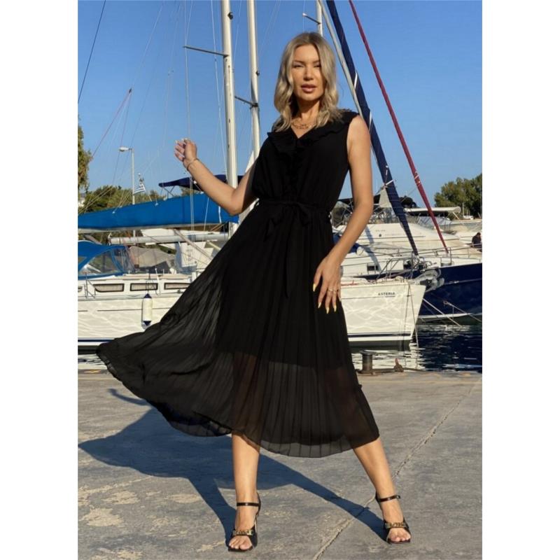 Maxi πλισέ φόρεμα αμάνικο με βολάν στο ντεκολτέ - Μαύρο