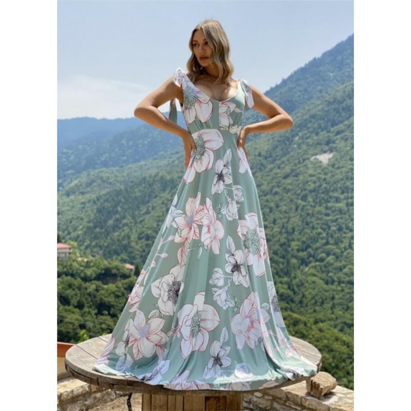Floral maxi φόρεμα με δετές τιράντες - Φυστικί