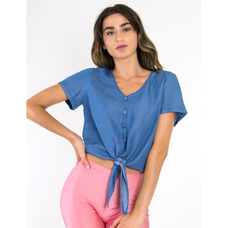 Γυναικείο ανοιχτό μπλε τζιν Crop πουκάμισο με κουμπιά YH009
