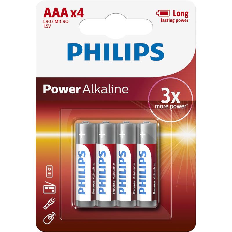 Μπαταρίες Αλκαλικές AAA Υψηλής Απόδοσης Power Alkaline 4Τμχ PHILIPS LR03P4B/GRS