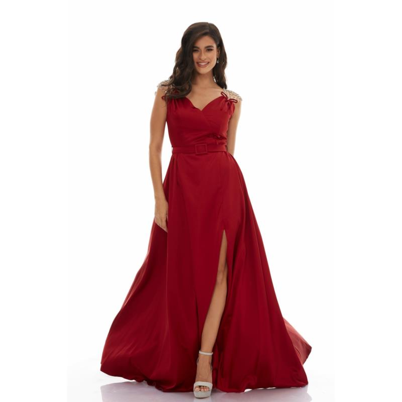 Μάξι Σατέν Φόρεμα Με Διάφανους Glam Ώμους Κόκκινο