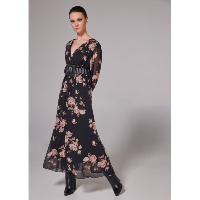 Φόρεμα κρουαζέ με φλοράλ σχέδιο και ζώνη - Μαύρο