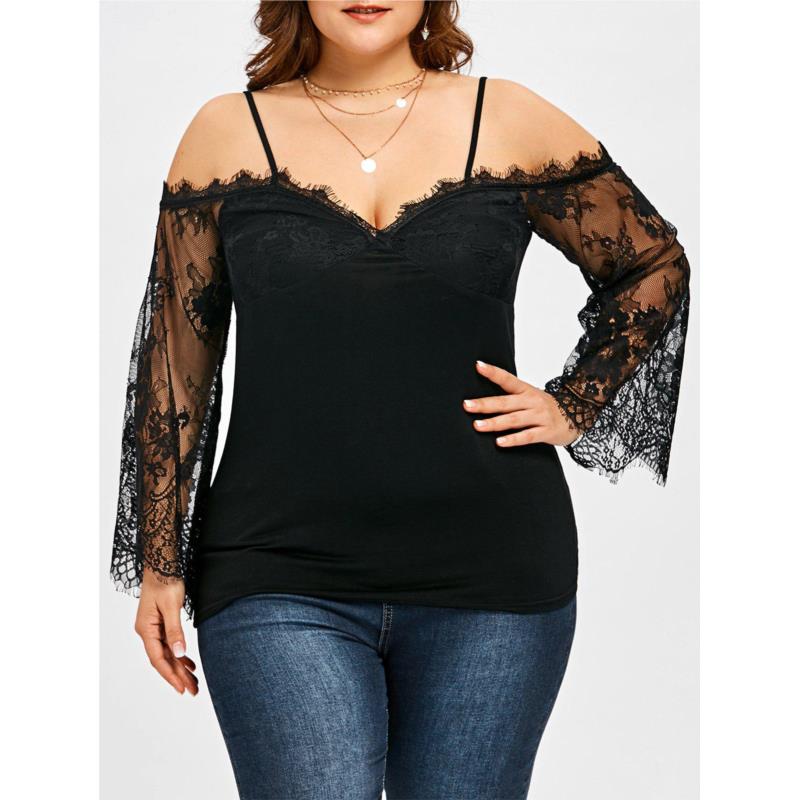 Plus Size Lace Panel Bell Sleeve Blouse