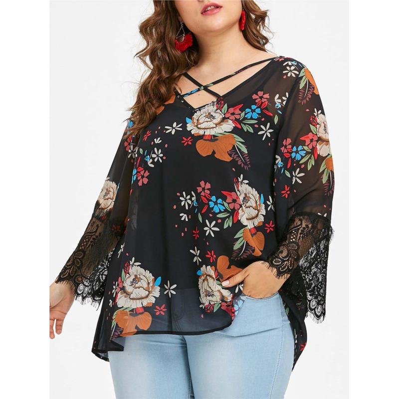 Plus Size Flower Chiffon Blouse and Slip Top