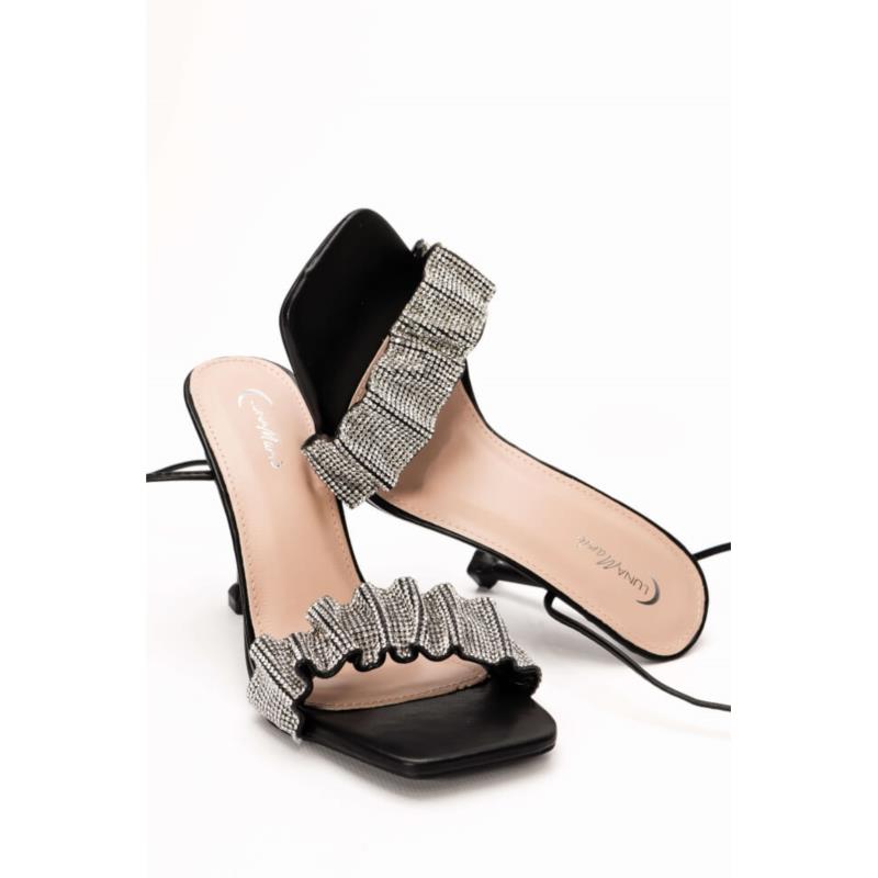 Mules Lace Up με Strass - Μαύρο