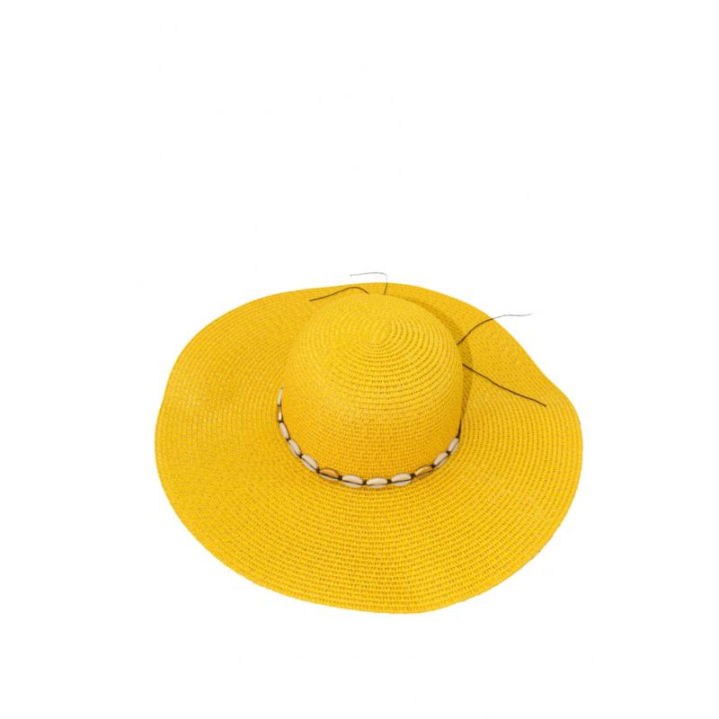 Ψάθινο καπέλο με διακοσμητικά κοχύλια - Κίτρινο